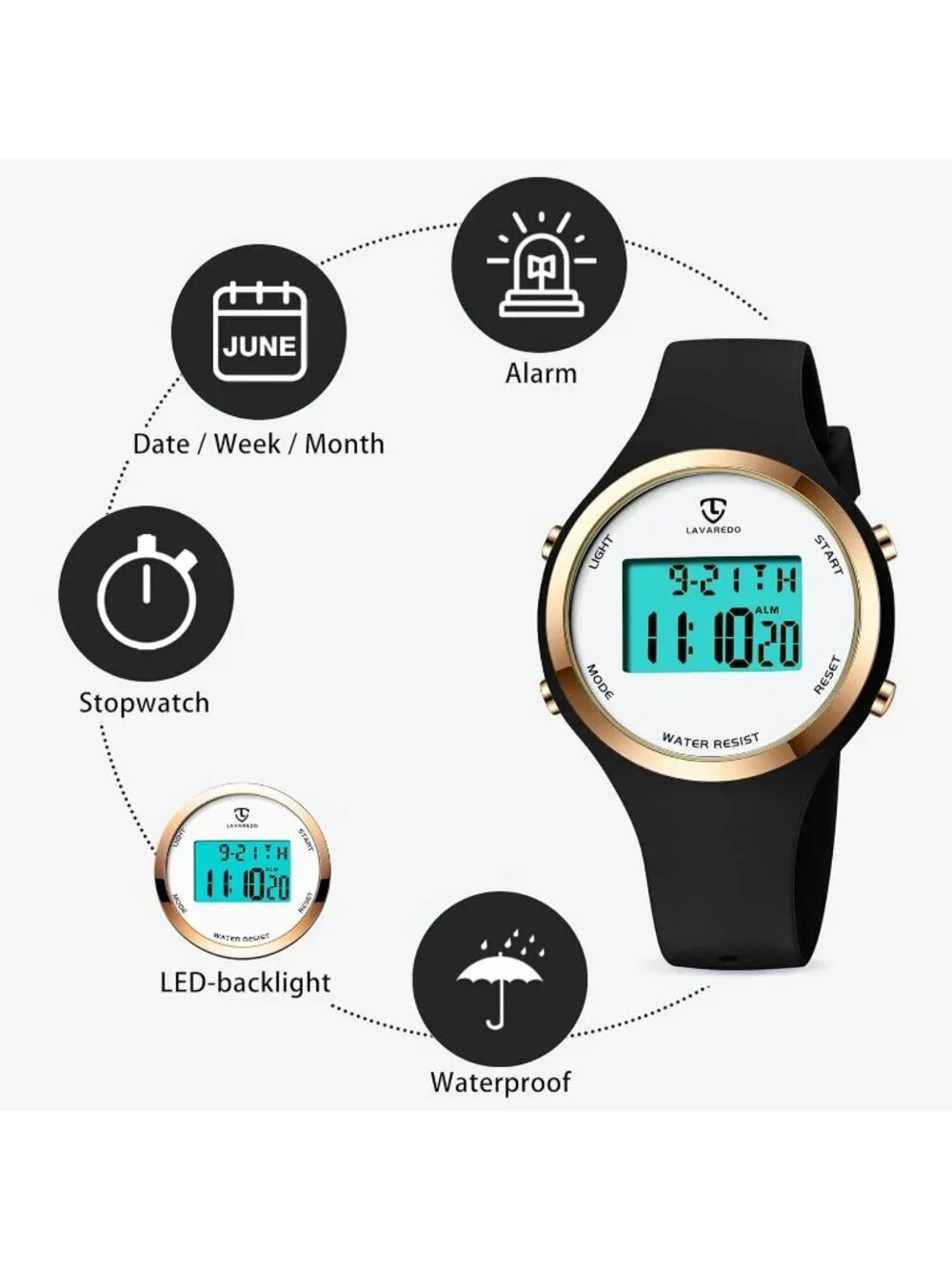 Women's Black White Quartz Chronograph Waterproof Outdoor Sport Digital Watch